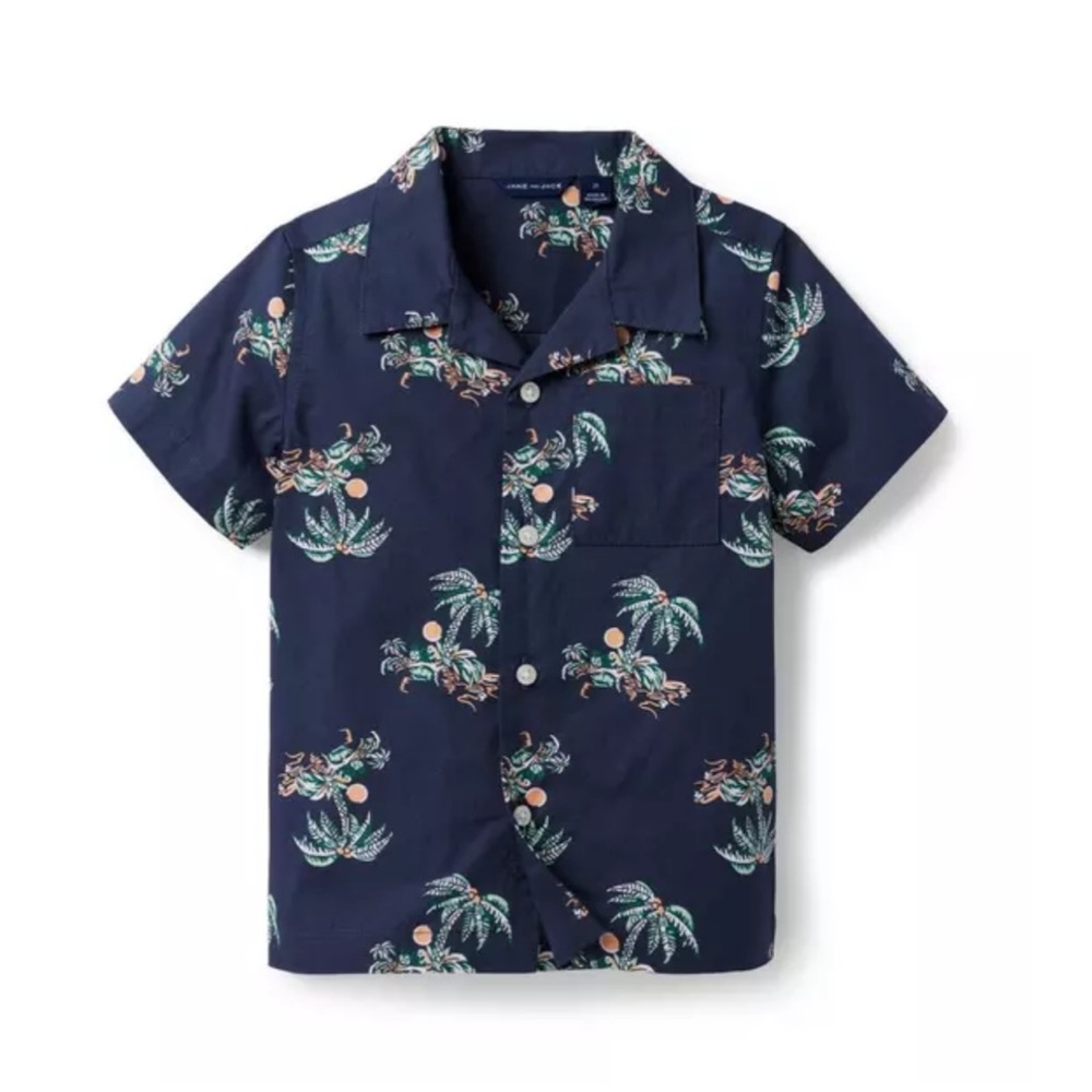 Janie and Jack Navy Tropical Print Button Down Shirt